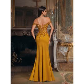 [Elegant Sequin Gown] Glamorous Elegant Off-Shoulder Sequin Gown for Women | Bodycon Mermaid Tail with High Slit, Long Formal Party Dress for Weddings, Galas & Evening Events, Solid Color Evening Wear