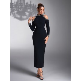 Elegant Off-Shoulder Bridesmaid Dress with Pearl Embellishments - Long Sleeve, Form-Fitting, Solid Black Wedding Evening Gown for Women, Bridesmaid Dress