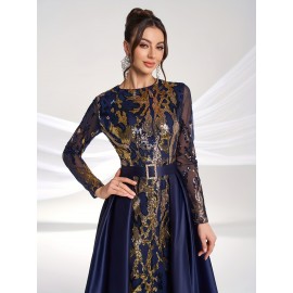 Elegant Women'S Formal Banquet Dress with Sequin Detail - Long Sleeve, Round Neck, Detachable Cape, Navy Blue/Golden Floral Print, Polyester, Perfect for Weddings and Special Occasions