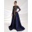 Elegant Women'S Formal Banquet Dress with Sequin Detail - Long Sleeve, Round Neck, Detachable Cape, Navy Blue/Golden Floral Print, Polyester, Perfect for Weddings and Special Occasions