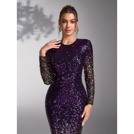 Elegant Purple Sequin Gradient Bridesmaid Evening Gown - Long Sleeve, Round Neck, Form-Fitting Maxi Dress for Weddings and Formal Events, Bridesmaid Dress, Wedding Attire, Sophisticated Style, Detailed Sequins, Medium Elasticity