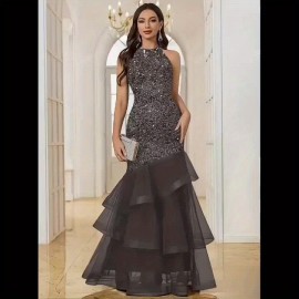 Sequin Open Back Mesh Layered Evening Gown, Elegant Women'S Party Dress for Weddings, Graduations, and Formal Dinners with Slight Stretch Fit Mermaid Skirt