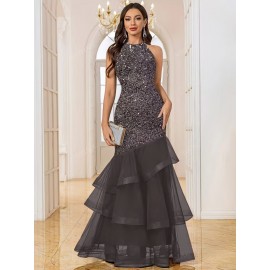 Sequin Open Back Mesh Layered Evening Gown, Elegant Women'S Party Dress for Weddings, Graduations, and Formal Dinners with Slight Stretch Fit Mermaid Skirt