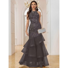 Sequin Open Back Mesh Layered Evening Gown, Elegant Women'S Party Dress for Weddings, Graduations, and Formal Dinners with Slight Stretch Fit Mermaid Skirt