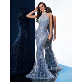 [Elegant Dress] Elegant Sleeveless Formal Dinner Dress | Champagne Halterneck Fishtail for Women - Sparkling Sequins, Mermaid Silhouette, Perfect for Galas & Weddings, Sophisticated Style, Intricate Embellishments
