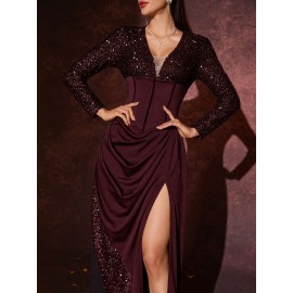 [Sequin Formal Dress] Elegant Sequin V-Neck Long Sleeve A-Line Dress | Women's Floor-Length Formal Party Gala Evening Gown with Waist-Cinching & High Slit