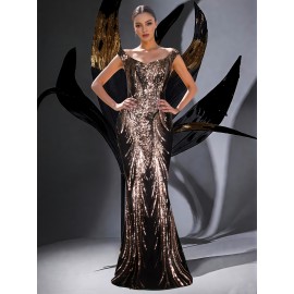 Exquisite Elegant U-Neck Waist-Cinched Fishtail Dress with Beaded Rhinestone Embellishments – Glamorous Evening Gown for Banquets, Awards Ceremonies, Weddings, and Graduation Parties