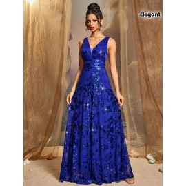 Elegant Royal Blue Sequin Gown for Women - V-Neck, Waist-Cinching Long Dress with Flowing Skirt, Perfect for Parties, Galas, and Formal Events, Formal Event Attire|Sequin Embellished Dress|Sleek Fitted Top