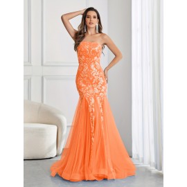 Stunning Sequined Mermaid Wedding Dress - Elegant Sleeveless Mesh Tube Gown for Party, Banquet, Engagement Ceremony, Wedding Occasion - Women's Formal Clothing for Special Events