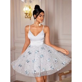 [Fashionable Dress] Butterfly Print Sleeveless Women's Dress | A-line Skirt for Parties with Thin Shoulder Straps
