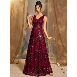 Elegant Wine Red Sequin V-Neck Gown for Women - Waist, Long Evening Dress for Parties, Banquets, and Formal Events, Perfect for Graduations and Cocktail Parties, Elegant Event Attire | Vneck Design | Shimmering Sequins