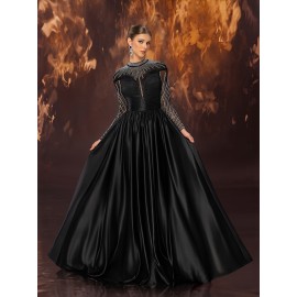 Women's Elegant Black Evening Gown - Satin & Mesh Cocktail Dress with Stand-Up Collar, Rhinestone Embellishments, Fitted Silhouette & Micro-Stretch Fabric for Galas, Weddings, Formal Parties