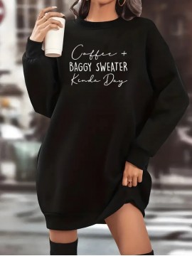 Women'S Casual White Letter Print Sweater Dress - Long Sleeve, Crew Neck, Loose Fit, Machine Washable, Perfect for Fall/Winter, Cozy Pullover Style, Casual Winter Wear | Relaxed Fit Dress | Machine Washable Fabric, Cute Sweaters