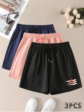 Women's Summer Shorts 3pcs | Quick-Dry Polyester | Elastic Waistband with Drawstring | Geometric Print | Multi-Color Casual & Beach Wear | Lightweight, Non-Stretch Fabric | All-Season Comfort Fit