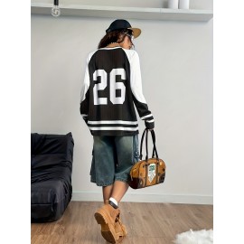 [Soft Stretch V-Neck T-Shirt] Soft Stretch Fabric Women's Casual V-Neck Long Sleeve T-Shirt | California 26 Letter Print, Black & White Striped Mesh Overlay, All-Season Comfort for Casual Attire | Vneck Design | Mesh Overlay Shirt