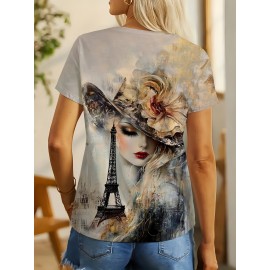 Women's French Art Style T-Shirt - Oil Painting & Eiffel Tower Print, Casual Short Sleeve Round Neck Top, Machine Washable All-Season Women's Clothing