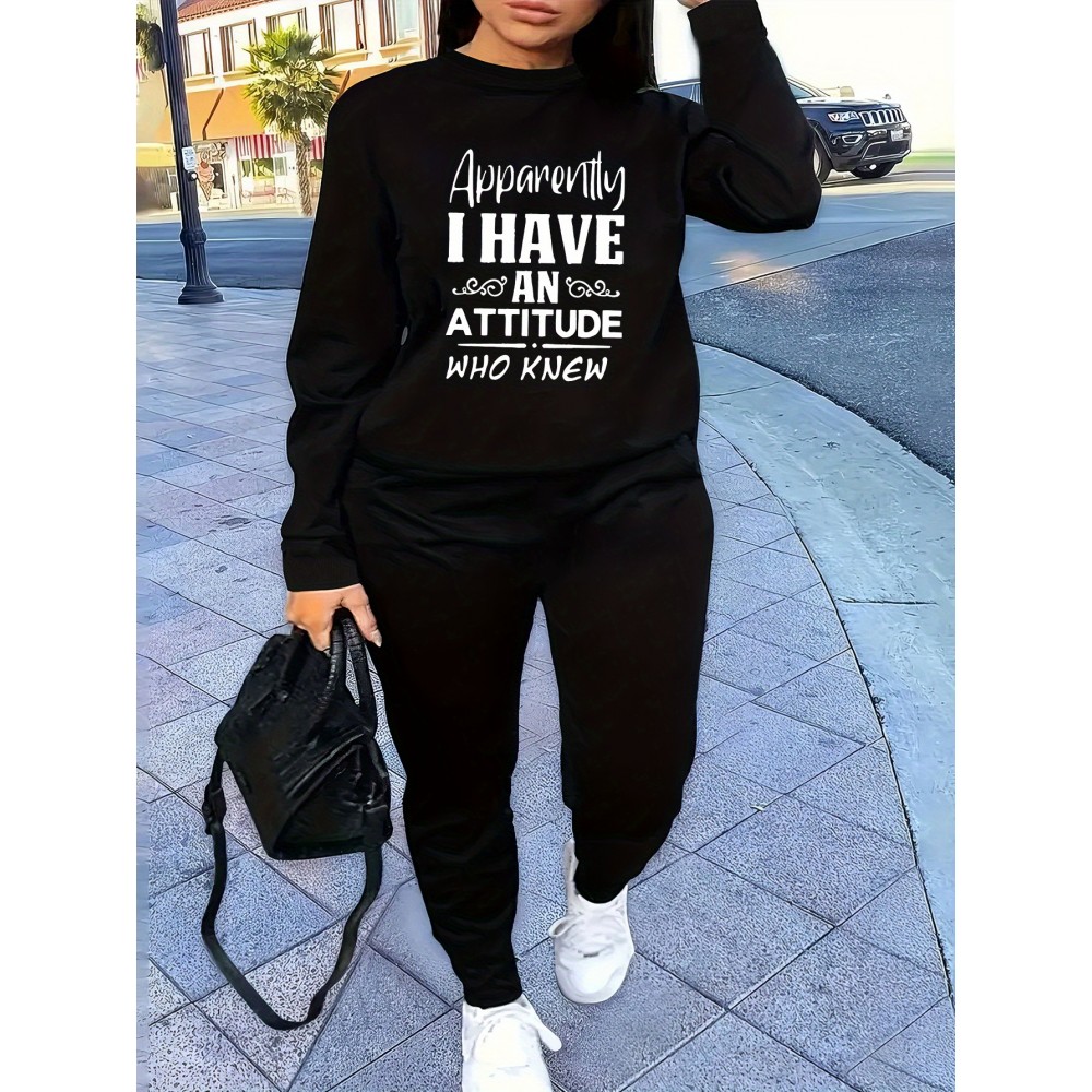 Women'S Casual Letter Print Sweatshirt and Jogger Set - 