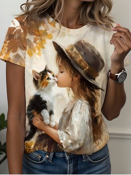 [Cozy Owl & Cat Tee] Soft & Cozy Women's Owl & Cat Print T-Shirt | Autumn Maple Leaves Design, Round Neck Casual Top for Fall Fashion, Comfortable Casual Wear