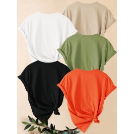 [Versatile Summer T-Shirt Set] 5pcs Versatile Summer T-Shirt Set, Women's Simple Floral Short Sleeve Chrysanthemum Print Round Neck Loose Fit Casual Fashionable Commute Vacation Everyday Top in Multiple Colors 1XL-5XL