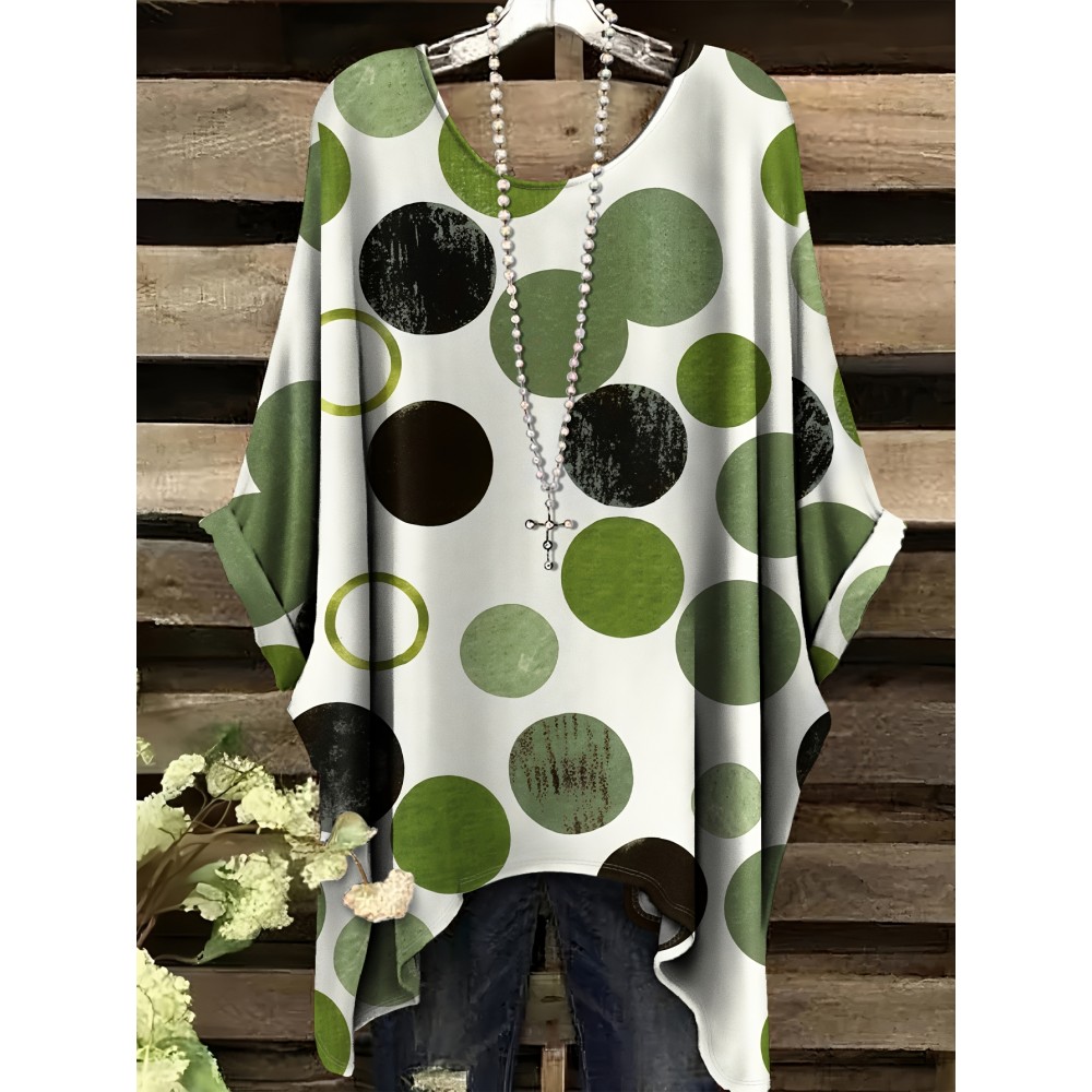 Plus Size, Women's Oversized Green & White Polka Dot T-Shirt - Casual Batwing Short Sleeves, Asymmetrical Hem & Round Neck Summer Top, Breathable All-Season Comfort Fit, Machine Washable Casual Attire (No Jewelry Needed)