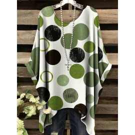 Plus Size, Women's Oversized Green & White Polka Dot T-Shirt - Casual Batwing Short Sleeves, Asymmetrical Hem & Round Neck Summer Top, Breathable All-Season Comfort Fit, Machine Washable Casual Attire (No Jewelry Needed)
