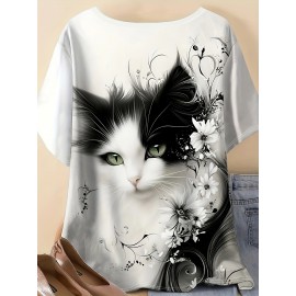 Plus Size - Women'S Plus Size Cat Print T-Shirt - Casual Crew Neck, Fabric, 95% Polyester 5% Spandex, Summer Animal Design with Floral Accents, Perfect for Outdoor and Travel, Casual Summer Wear | Playful Graphic Tee | Stretchy Fabric