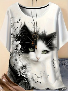 Plus Size - Women'S Plus Size Cat Print T-Shirt - Casual Crew Neck, Fabric, 95% Polyester 5% Spandex, Summer Animal Design with Floral Accents, Perfect for Outdoor and Travel, Casual Summer Wear | Playful Graphic Tee | Stretchy Fabric
