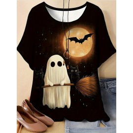 [Halloween Shirts] Plus Size Women's Halloween T-Shirt - Spooky Ghost, Bats & Full Moon Print, Stretchy Round Neck Short Sleeve Top | Casual Summer Outdoor Wear, Elegant & Comfortable Fabric