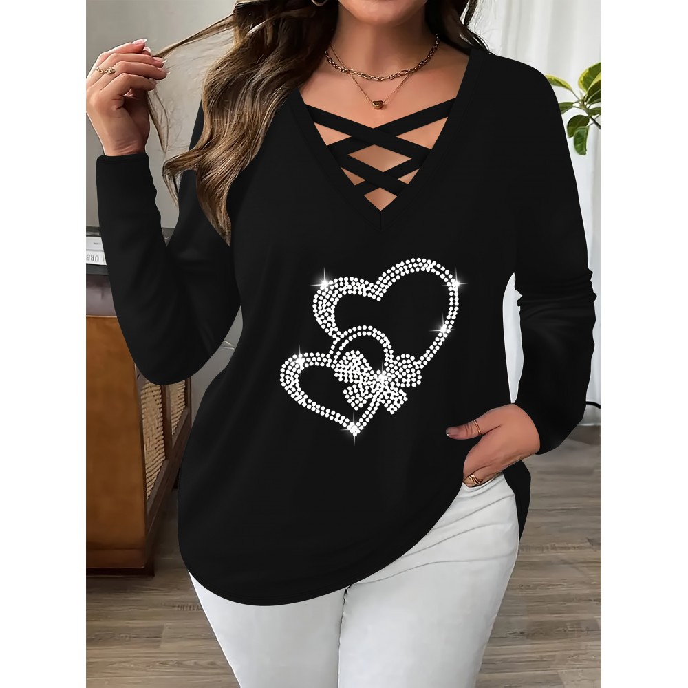 Plus Size - Plus Size Women'S Elegant V-Neck Long Sleeve T-Shirt with Rhinestone Heart & Bow Design - Stretchy Comfort Fit, Black & White Contrast, Cross Strap Detail, Autumn/Winter Fashion Top, Ladies T Shirts, Winter Clothing, Medium Stretch Fabric