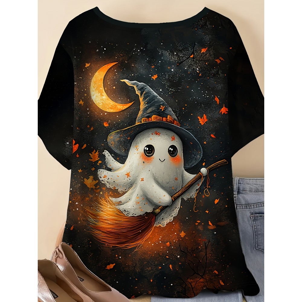 Plus Size - Women'S Plus Size Halloween Ghost Print T-Shirt - Cute Witch Hat & Broom Design, Breathable Polyester Blend, Round Neck Short Sleeve Top, Machine Washable Casual Summer Outfit, Lightweight & Comfortable for Casual Attire, Halloween Shirts