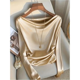 Plus Size - Elegant Plus Size Satin Blouse for Women - Long Sleeve, Off-Shoulder Design, Solid Black, Smooth Polyester Fabric, Perfect for Spring & Fall, Stylish Office Attire, Versatile Blouse | Offshoulder Top | Glossy Texture