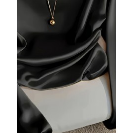 Plus Size - Elegant Plus Size Satin Blouse for Women - Long Sleeve, Off-Shoulder Design, Solid Black, Smooth Polyester Fabric, Perfect for Spring & Fall, Stylish Office Attire, Versatile Blouse | Offshoulder Top | Glossy Texture