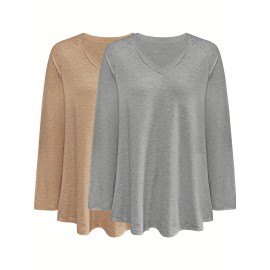 Plus Size - 2pcs Women'S Casual Long Sleeve V-Neck T-Shirts, Solid Color Asymmetrical Hem, Medium Stretch, Relaxed Fit, Plus Size, Fall Fashion Top Tee, Ladies T Shirts