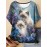 [Plus Size Floral Cat T-Shirt] Plus Size Women's 3D Floral & Cat Print T-Shirt - Stretchy Round Neck Short Sleeve Summer Top, Machine Washable Casual Elegant Outdoor Wear