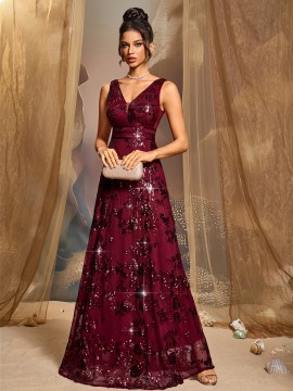 Elegant Wine Red Sequin V-Neck Gown for Women - Waist, Long Evening Dress for Parties, Banquets, and Formal Events, Perfect for Graduations and Cocktail Parties, Elegant Event Attire | Vneck Design | Shimmering Sequins