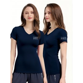 Women'S V-Neck T-Shirt with Left Chest & Sleeve Logo Print, Customizable Personal Design, Soft Breathable Stretch Fabric for Comfortable Movement - Perfect for, Casual Wear, Yoga, Dance & Sports Teams, Comfortable Fit, Durable Construction