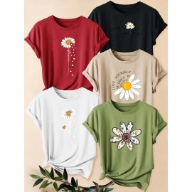 [Versatile Summer T-Shirt Set] 5pcs Versatile Summer T-Shirt Set, Women's Simple Floral Short Sleeve Chrysanthemum Print Round Neck Loose Fit Casual Fashionable Commute Vacation Everyday Top in Multiple Colors 1XL-5XL