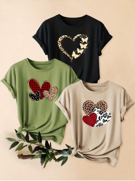 3pcs Women'S Casual Short Sleeve T-Shirts with Leopard Print & Heart Design - Loose Fit, Round Neck, Medium Stretch, All-Season Comfort, Available in 1XL-5XL Sizes, Leopard Print T Shirt, Vacation Clothing, Trendy Fashion, Comfortable Fit