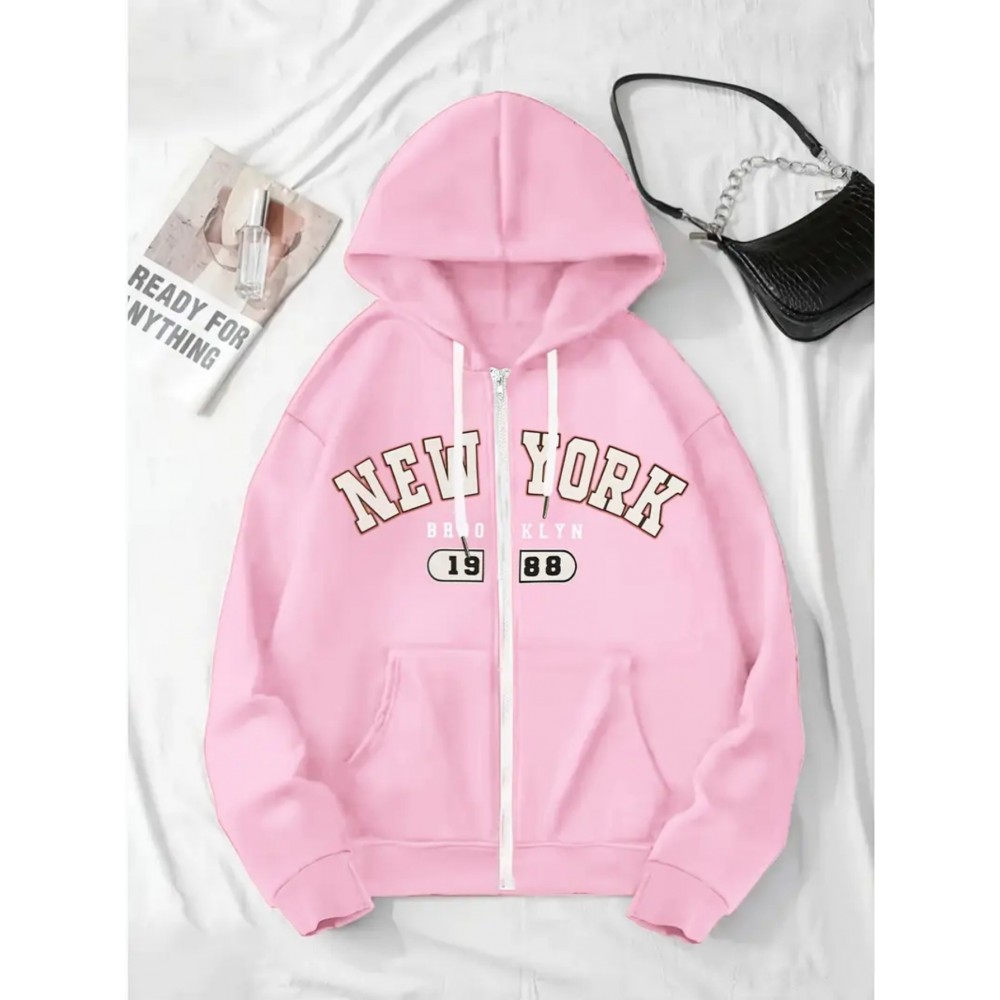 [Plus Size NY Hoodie] Plus Size Women's Light Pink NY Print Hoodie | Comfortable Long Sleeve Zip-Up with Drawstrings, Machine Washable 100% Polyester, Casual Sporty Style