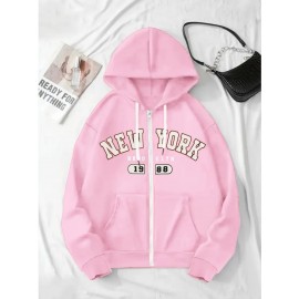 [Plus Size NY Hoodie] Plus Size Women's Light Pink NY Print Hoodie | Comfortable Long Sleeve Zip-Up with Drawstrings, Machine Washable 100% Polyester, Casual Sporty Style