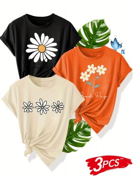 3pcs Floral Print Women'S Casual T-Shirt Set - Black, Red, Beige with Daisy & Sun Design, Short Sleeve, Round Neck, Perfect for Summer, Beach, and Sporty Style, Beach Wear | Floral Print Tee | Comfortable Fit, Ladies T Shirts