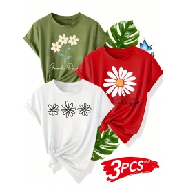 3pcs Floral Print Women'S Casual T-Shirt Set - Black, Red, Beige with Daisy & Sun Design, Short Sleeve, Round Neck, Perfect for Summer, Beach, and Sporty Style, Beach Wear | Floral Print Tee | Comfortable Fit, Ladies T Shirts