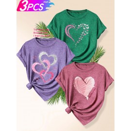 [Cute Heart T-Shirts] 3pcs Women's Heart Graphic T-Shirts | Casual Crew Neck Short Sleeve Tops with 